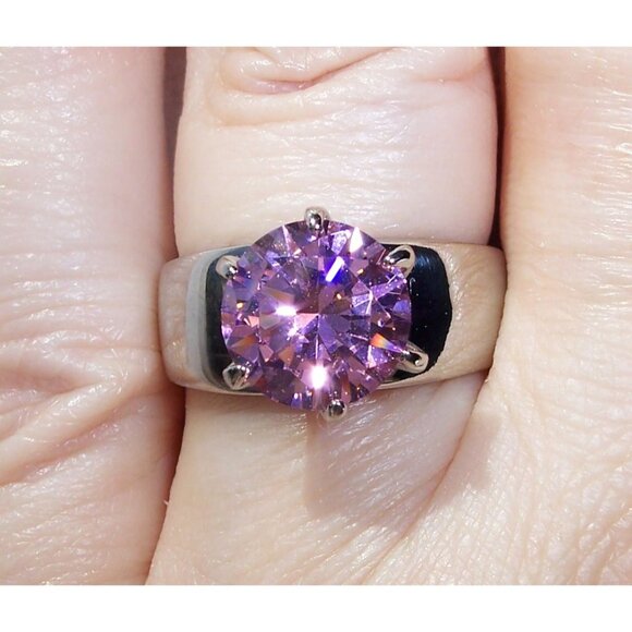 STAINLESS STEEL Simulated Pink Sapphire Solitaire Band Ring - Picture 3 of 16